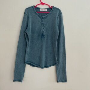 Pink Rose Teal Blue Henley Long Sleeve Top